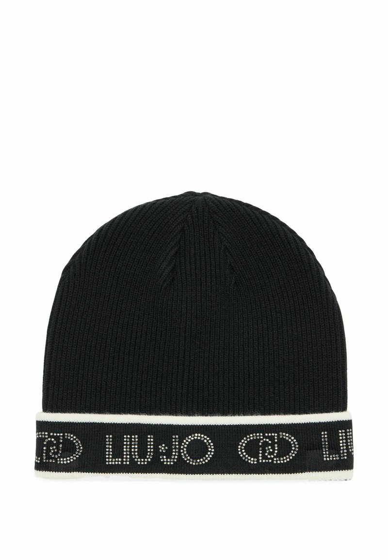 Berretto a maglia nero con coste, bordato di bianco e logo "LIU JO" abbellito da piccole paillettes lungo il risvolto.