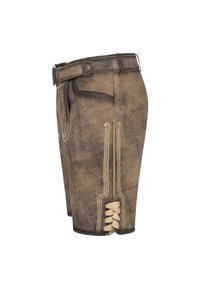 Shorts en cuir marron avec une surface texturée, des passants de ceinture, des poches latérales et des surpiqûres décoratives le long des coutures avec un ourlet lacé.