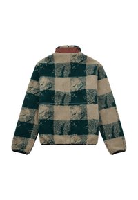 Fuzzy fleece pullover in green and beige plaid pattern, featuring a high collar, long sleeves, and black elastic cuffs.