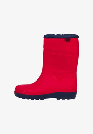 Stivale di gomma rosso con parte superiore foderata in pile blu navy, sezione centrale testurizzata e suola robusta per una buona aderenza.