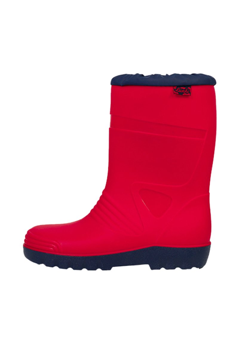 Botte de pluie en caoutchouc rouge avec un haut doublé en polaire bleu marine, un section médiane texturée et une semelle robuste pour l'adhérence.