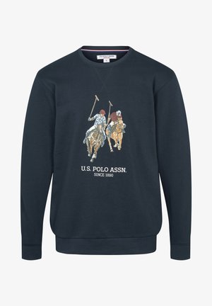 Donkerblauwe sweatshirt met een ronde hals, lange mouwen en een centrale afbeelding van twee polo spelers te paard. "U.S. POLO ASSN. SINCE 1890" gedrukt aan de onderkant.