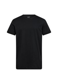 Sort bomulds t-shirt med korte ærmer, rund halsudskæring og en glat overflade. Ingen synlige mønstre eller fremtrædende hardwaredetaljer.