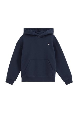 Tmavomodrá mikina s kapucňou a dlhými rukávmi, predným vreckom, rebrovanými manžetami a lemom a malým logom vtáka na ľavej strane hrudníka.