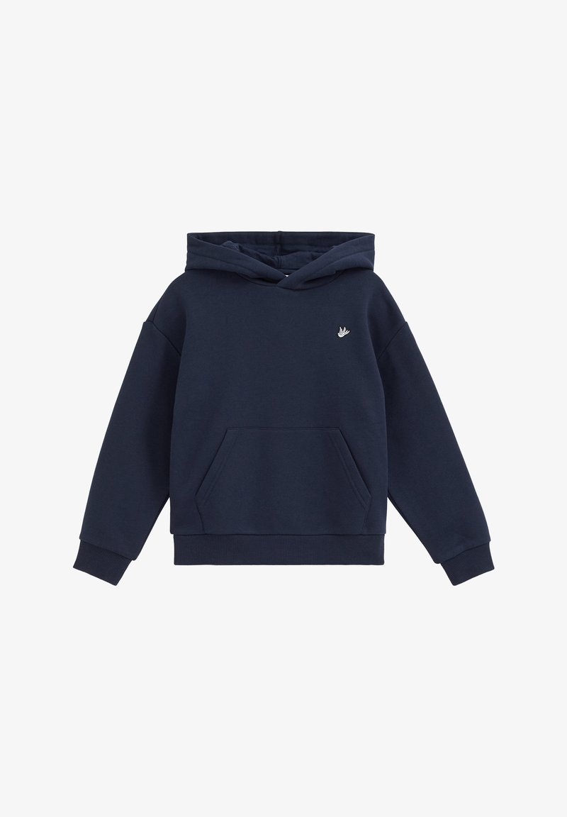 Sweat à capuche bleu marine avec manches longues, poche avant, poignets et ourlet côtelés, et un petit logo d'oiseau sur la poitrine gauche.