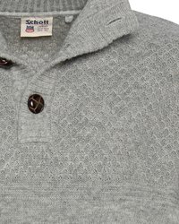 Szary sweter w dzianinę o teksturowanym wzorze, z kołnierzykiem zapinanym na guziki i ściągaczami na rękawach. Materiał wydaje się miękki i elastyczny, z starannym wykończeniem.