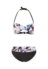 Bikini-Set mit einem schwarzen Unterteil und einem Bandeau-Oberteil mit einem mehrfarbigen geometrischen Muster, das Palmenblätter und abstrakte Formen umfasst.