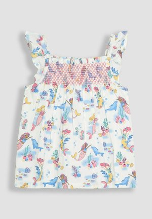 Gėlinė vasaros palaidinė su raukiniais ant petnešų, smulkintu liemeniu ir spalvingu povandeniniu raštu, kuriame yra undinės, delfinai ir koralai ant balto audinio.