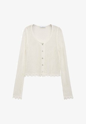 Stickad cardigan i off-white med rundad halsringning, långa ärmar, vågig nederkant, knappstängning framtill och texturerad tyg.