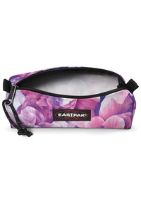 Astuccio a forma di fiore in tonalità di viola e rosa, realizzato in tessuto resistente, con cerniera nera e logo Eastpak.
