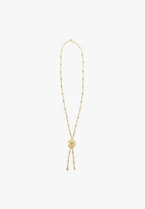 Gouden ketting met verlengde schakels en een centraal bloemenhanger versierd met een turquoise steen en ingenieuze details.