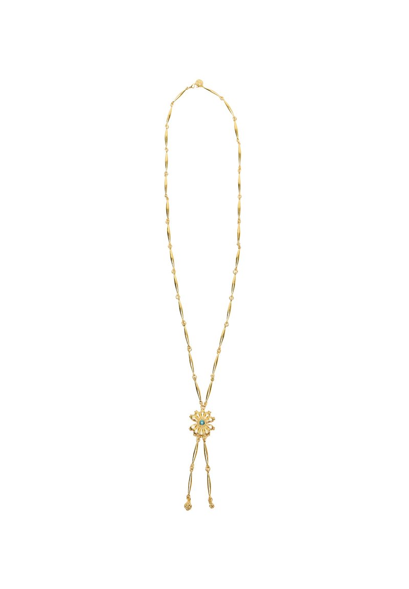 Goldenes Halsband mit langen Gliedern und einem zentralen Blumenanhänger, der mit einem Türkisstein und filigranen Details geschmückt ist.