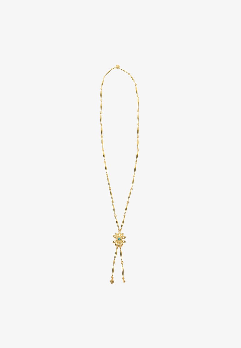 Collana d'oro con anelli allungati e un pendente centrale a forma di fiore decorato con una pietra turchese e dettagli elaborati.