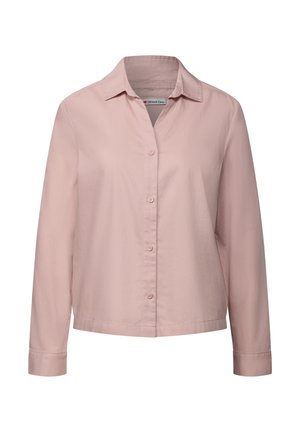 Chemise boutonnière rose clair à manches longues, avec un col et un ourlet droit. Texture lisse avec un léger éclat. Sans motifs ni accents.