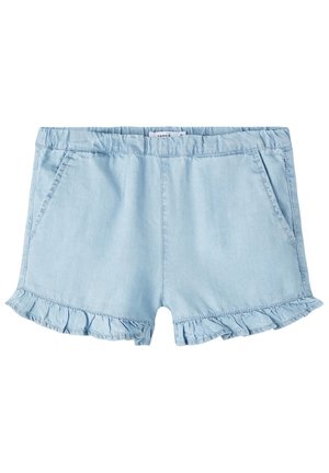 Short en jean bleu clair avec taille élastique, poches avant et ourlets volantés le long des ouvertures des jambes.