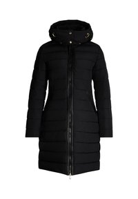 Zwarte donsjas met capuchon, voorzien van horizontale quilting, een centrale ritssluiting en zijzakken. Zachte textuur en nauwsluitend ontwerp.