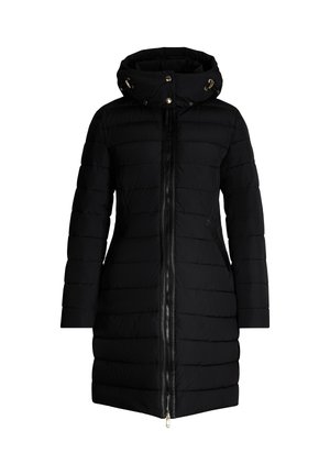Czarna puchowa kurtka z kapturem, z poziomym pikowaniem, centralnym zamkiem błyskawicznym i bocznymi kieszeniami. Miękka w dotyku i dopasowany fason.