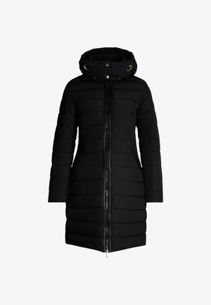 Czarna puchowa kurtka z kapturem, z poziomym pikowaniem, centralnym zamkiem błyskawicznym i bocznymi kieszeniami. Miękka w dotyku i dopasowany fason.