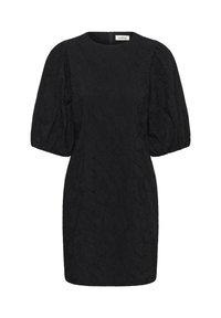 Vestido negro con mangas cortas abullonadas, tejido texturizado, escote redondeado y cremallera oculta en la parte posterior. Corte entallado, con longitud por encima de la rodilla.