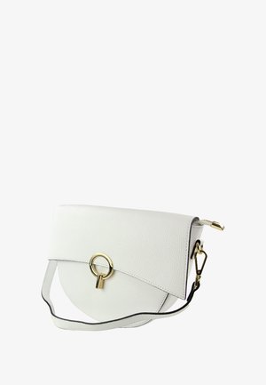 White leather handbag with a curved shape, gold hardware, a circular ring detail, and a detachable black strap. Textured surface with clean lines.