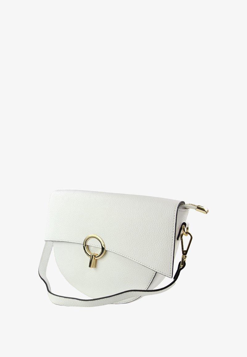 White leather handbag with a curved shape, gold hardware, a circular ring detail, and a detachable black strap. Textured surface with clean lines.