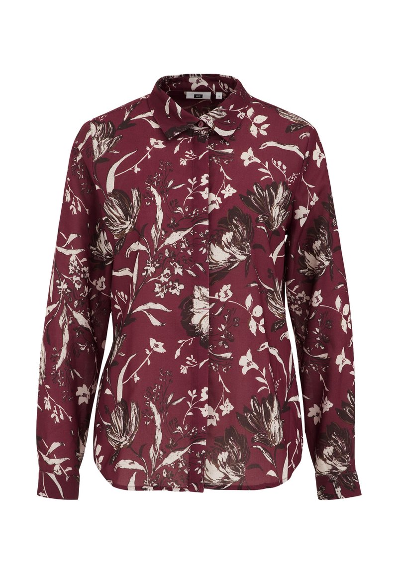 Burgundowa koszula z długim rękawem, w czarny i kremowy wzór kwiatowy, z klasycznym kołnierzykiem i zapięciem na guziki z przodu. Miękki, lekki materiał.