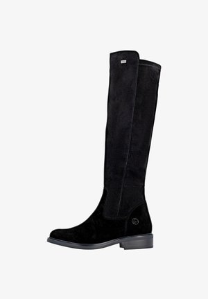 Knöchelhigh schwarze Wildlederstiefel mit glatter Oberfläche, mit einer Seitennaht, dezentem Branding und einem niedrigen, gestapelten Absatz für Stabilität.