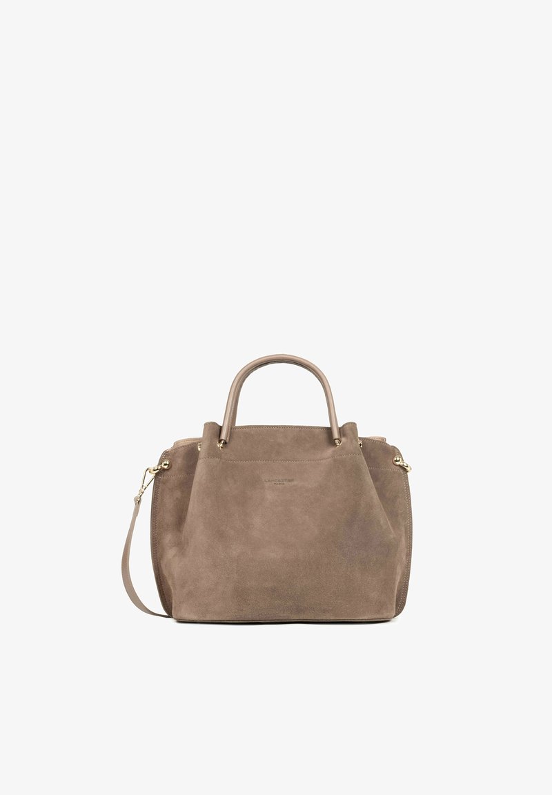 Sac à main en daim marron avec deux anses et une bandoulière amovible, forme rectangulaire avec des détails en métal doré.