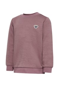 Paarse sweatshirt gemaakt van textuurstof, met een klassieke ronde hals, lange mouwen en een klein geborduurd ontwerp op de borst.