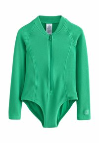Body verde a maniche lunghe realizzato in tessuto texturizzato, dotato di una zip frontale e un collo tondo, con un'etichetta logo sulla manica sinistra.