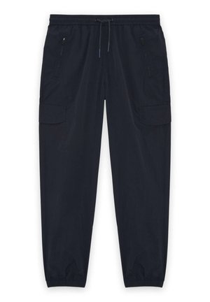 Pantaloni cargo blu navy con vita e polsini elasticizzati, dotati di tasche frontali con zip e tasche cargo con patta su entrambe le gambe.