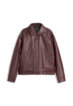 Burgundy faux leather jacket with a flat collar, front zip closure, two side pockets, and a slightly cropped fit. Textured surface.
