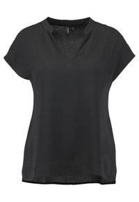 Blouse noire à manches courtes avec un décolleté en V, texture lisse et coupe légèrement ample. Dotée d'un ourlet arrondi et sans embellissements visibles.