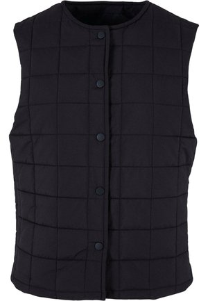 Gilet matelassé noir avec un col rond, orné de six boutons frontaux et de poches latérales, présentant une texture de tissu lisse.