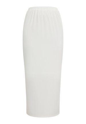 Witte knielange rok met een elastiche tailleband, een gladde textuur en een figuuraccentuerend ontwerp. Geen patronen of hardwaredetails zichtbaar.