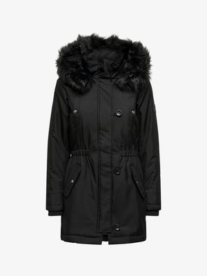 Parka noire avec capuche en fausse fourrure, fermetures éclair et à boutons, poches latérales et taille élastiquée. Tissu texturé avec une finition lisse.