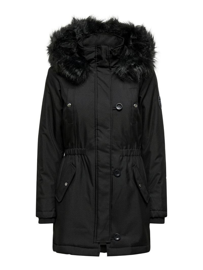 Parka noire avec capuche en fausse fourrure, fermetures éclair et à boutons, poches latérales et taille élastiquée. Tissu texturé avec une finition lisse.