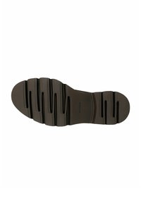 Brown shoe sole with deep horizontal grooves and textured surface designed for grip and durability.