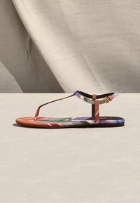 Φλατ σανδάλι με πολύχρωμο ριγέ μοτίβο, λουράκι στον αστράγαλο με χρυσή αγκράφα και σχέδιο με δάχτυλο τύπου thong σε ουδέτερο φόντο.