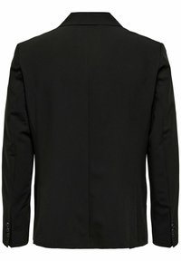 Czarny żakiet z klapami, pojedynczym rozcięciem z tyłu i trzema guzikami na każdym mankiecie. Gładki materiał o dopasowanym kroju.