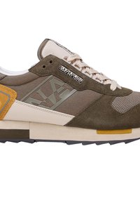 Sneaker aus olivgrünem Wildleder und Stoff, mit einer beigen Zwischensohle, gelben Akzenten und einer grauen Gummisohle mit strukturierter Oberfläche.