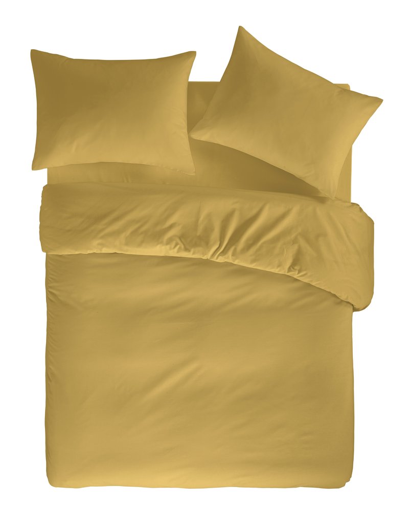 Gelbes Bettwäsche-Set mit einer glatten Mikrofaser-Oberfläche. Beinhaltet einen Bettbezug und zwei Kissenbezüge mit schlichtem, einfarbigem Design.