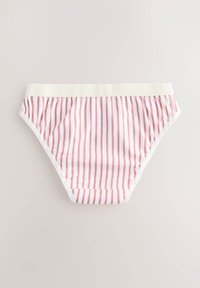 Culottes en coton à rayures présentant un fond blanc avec fines rayures roses, une ceinture élastique douce et une texture lisse.