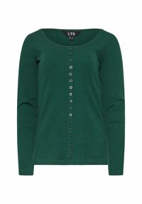 Vihreä ribattuja pitkähihainen neuletakki, jossa on avara kaula-aukko, täyspitkät hihat ja edessä nappikiinnitys, jossa on hopeanväriset napit.