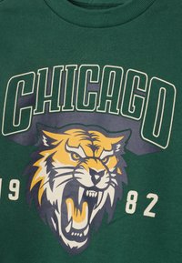 Groene katoenen t-shirt met een grote gele en grijze tijgerafbeelding, met de tekst "CHICAGO" erboven en "1982" eronder in witte tekst.