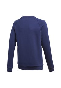 Sudadera azul marino con cuello redondo y mangas largas, que presenta una textura suave y puños acanalados en las mangas y el dobladillo.