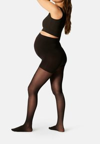 Collant premaman neri con finitura semitrasparente, dotati di vita alta, texture liscia e copertura completa delle gambe.