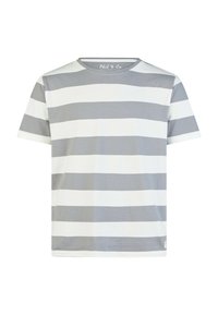 Szara i biała koszulka w paski, wykonana z bawełny. Ma okrągły dekolt i krótkie rękawy z równomiernymi poziomymi paskami. Metka przy dolnym brzegu.