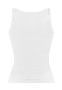 Weiße, enganliegende Tanktop aus glattem Stoff mit Rundhalsausschnitt und schmalen Trägern, ohne Muster oder Verzierungen.