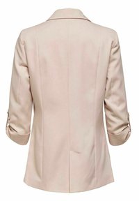 Blazer beige pour femme avec manches 3/4 retroussées, doté d'un col et d'une fente centrale au dos, vu de dos.